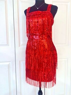 FLAPPER STYLE ~ Red Sequined Fringe Sleeveless Party Dress